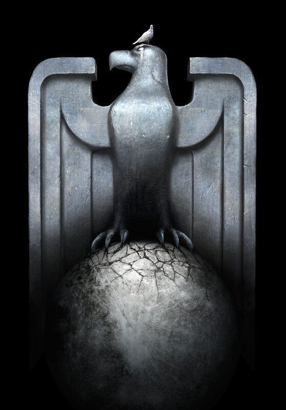 Stone eagle with dove on cracked sphere
