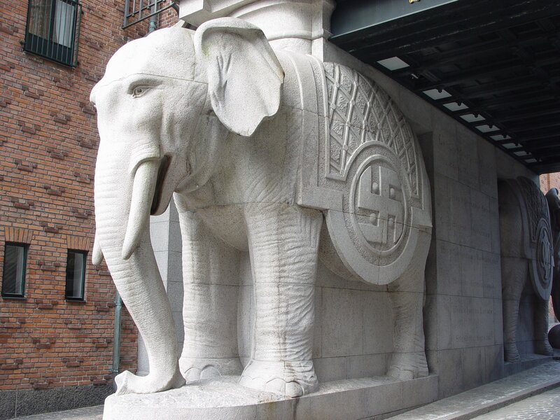 Stone elephant statue at building entrance
