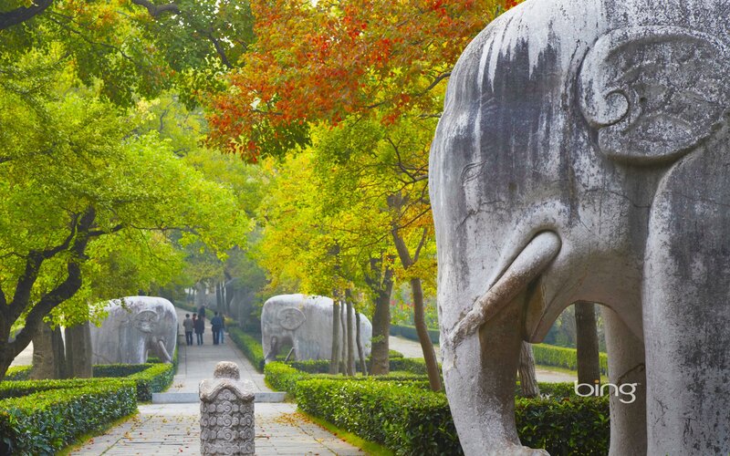 Stone elephants in autumn park
