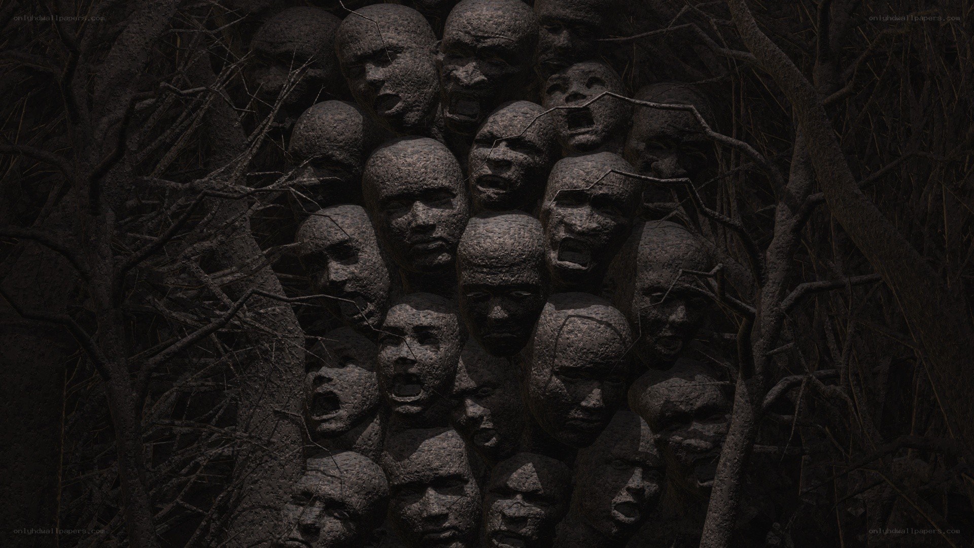 stone faces in dark forest