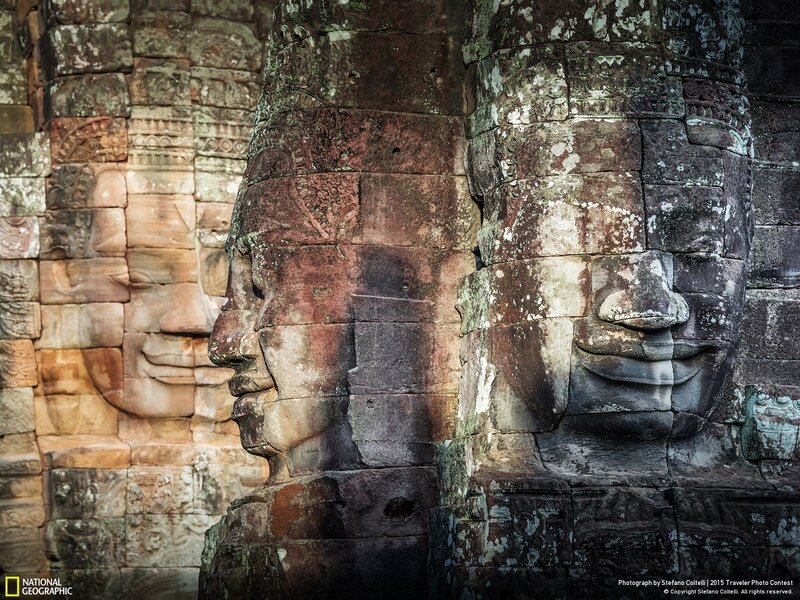 Stone Faces on Temple Wall