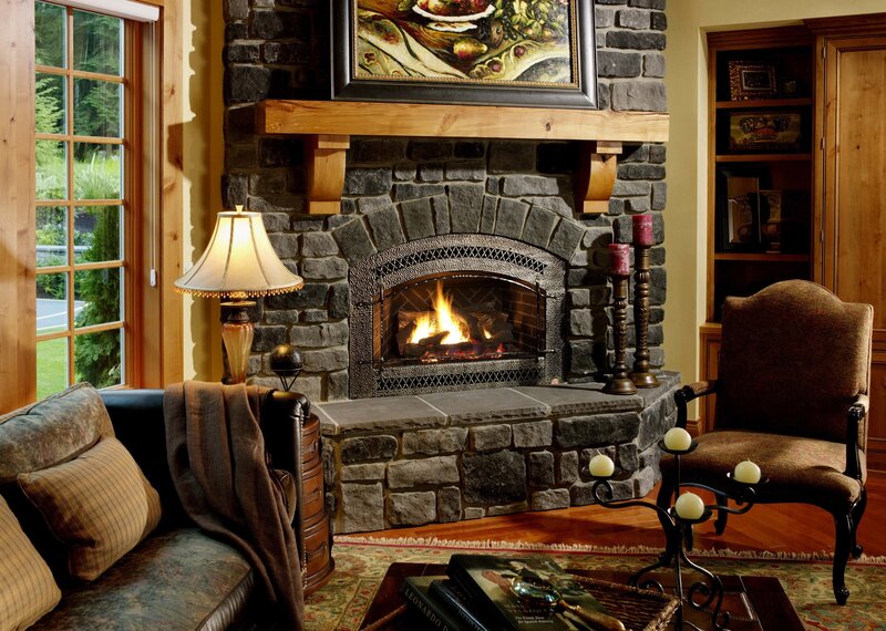 Stone Fireplace in Living Room — Brown, Cozy