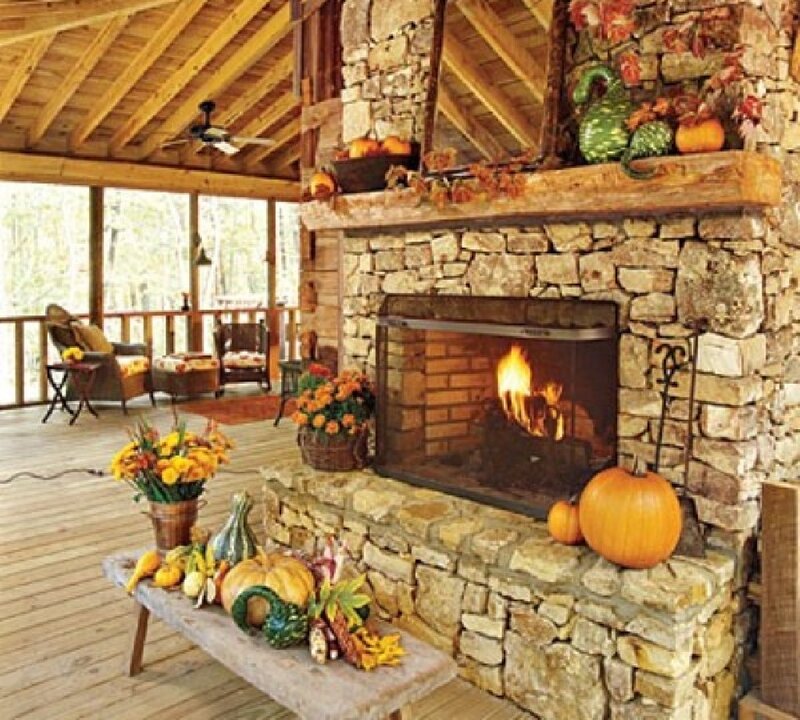 Stone Fireplace with Pumpkins