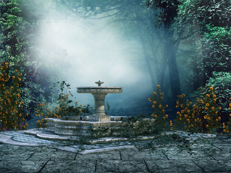 Stone Fountain in Garden — Green, Serene, Morning