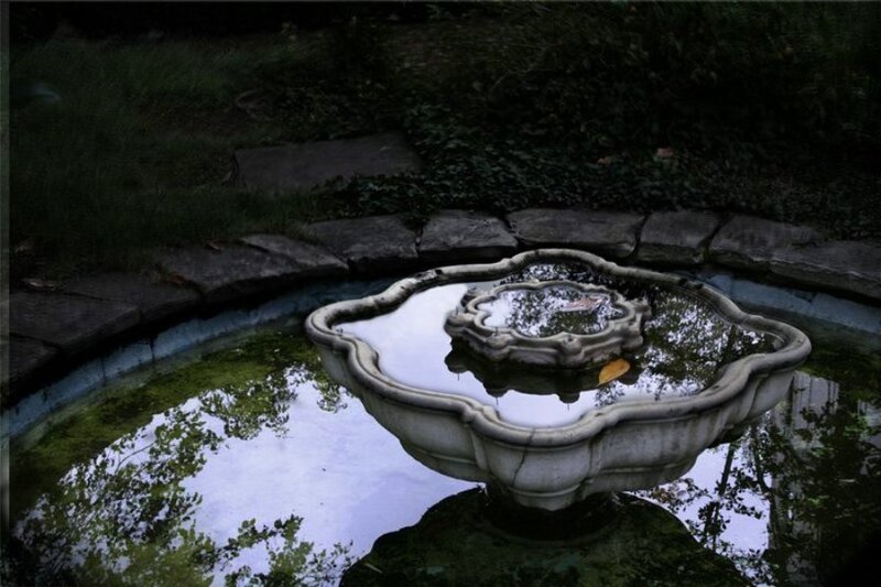 Stone Fountain in Garden — Green, Serene