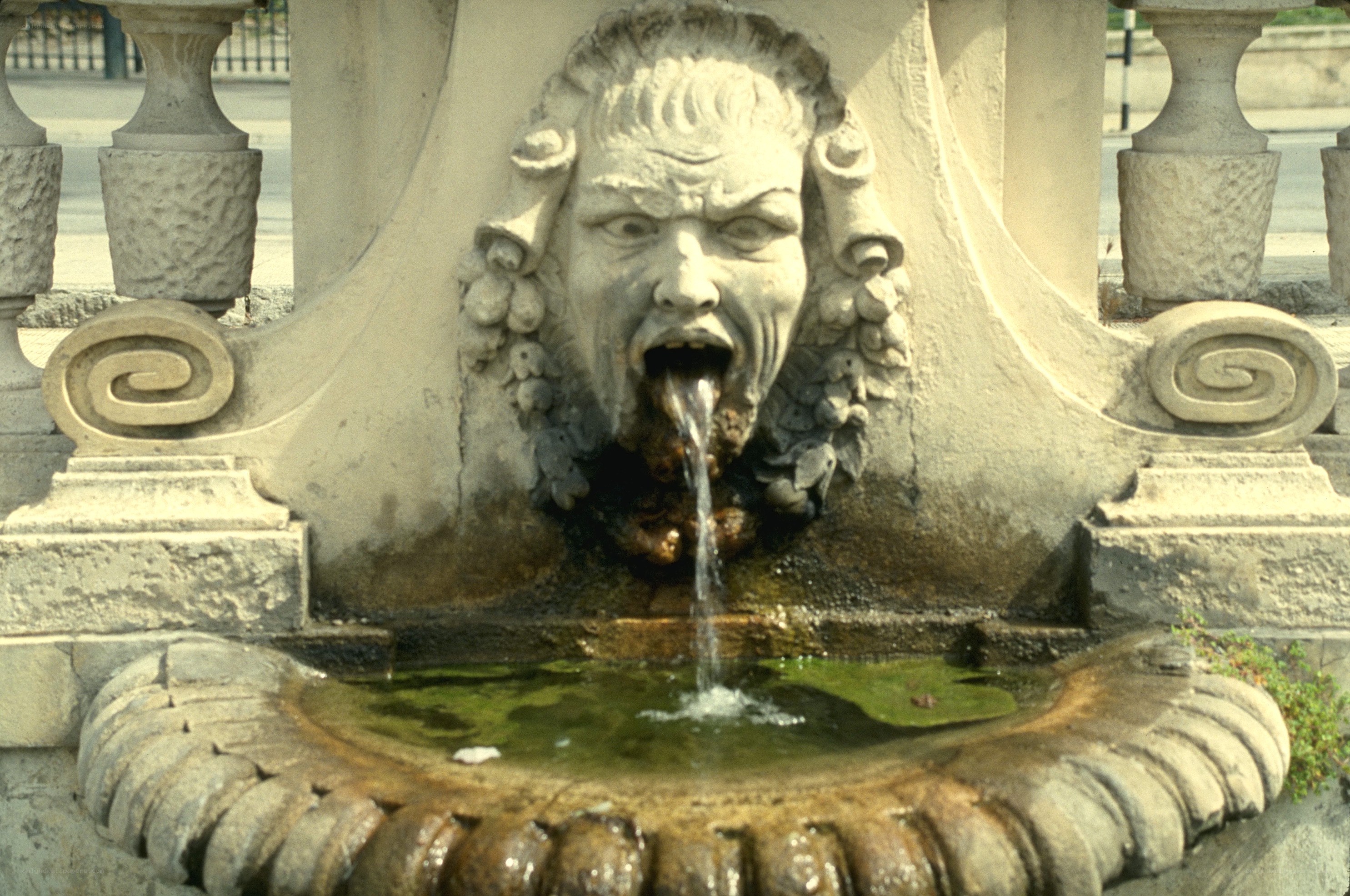 stone fountain with grotesque face