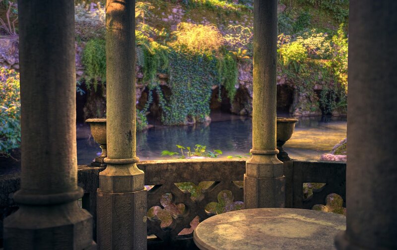 Stone Gazebo by Pond