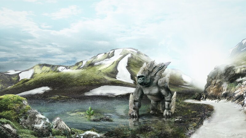 Stone Gorilla in Lake