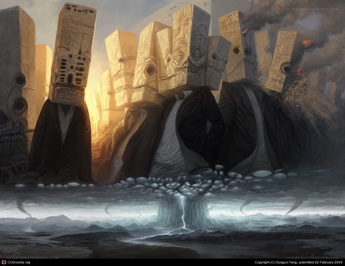 Stone-headed figures in a desolate landscape