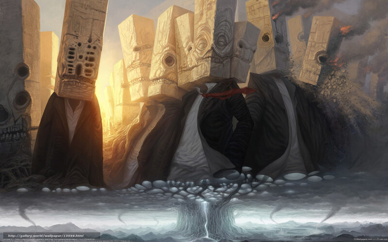 Stone-headed figures in a desolate landscape