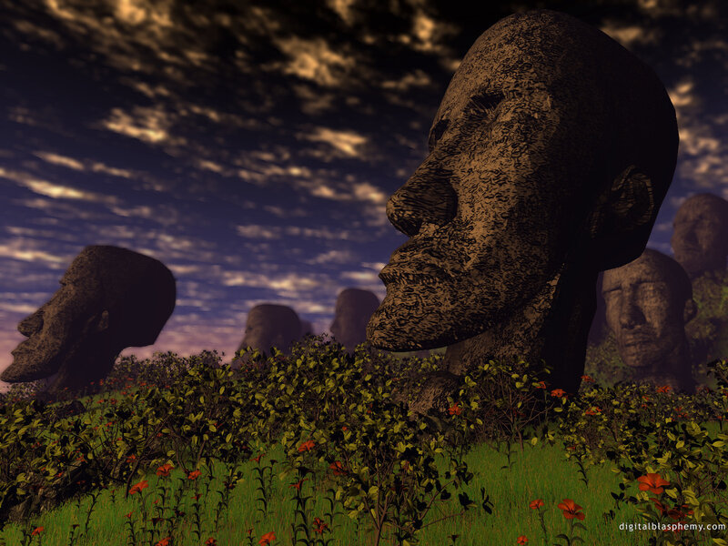 Stone heads in a field at dusk