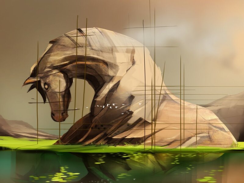 stone horse by water