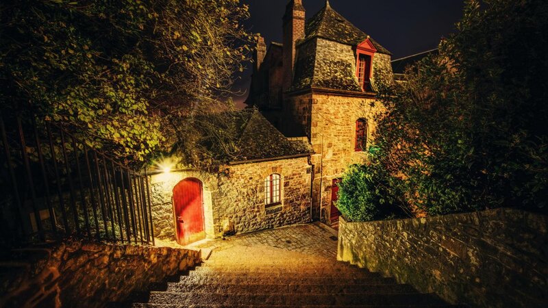 Stone House at Night — Brown, Dramatic, Photograph