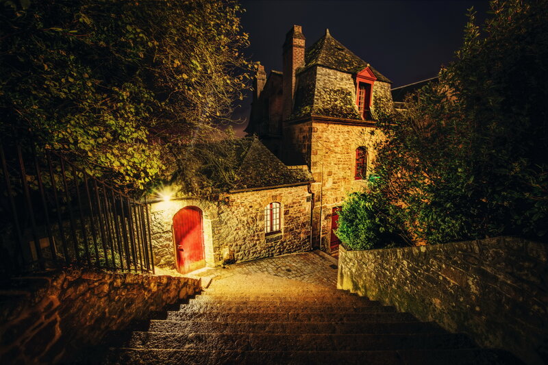 Stone House at Night — Brown, Dramatic