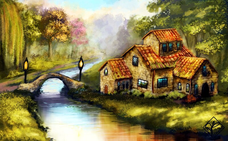 Stone House by River — Green