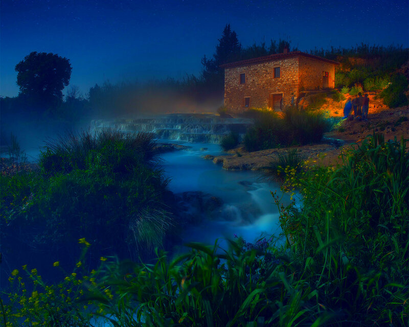 Stone House by Waterfall — Blue, Serene, Night
