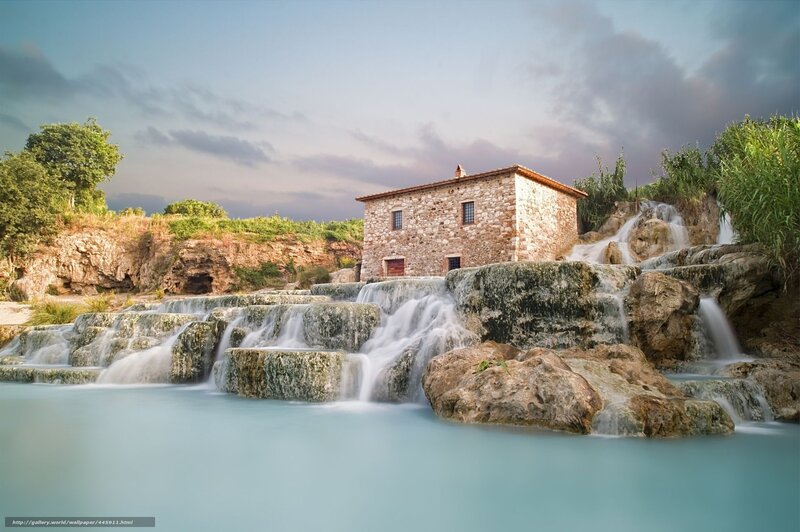 Stone House by Waterfall — Blue, Serene, Sunset