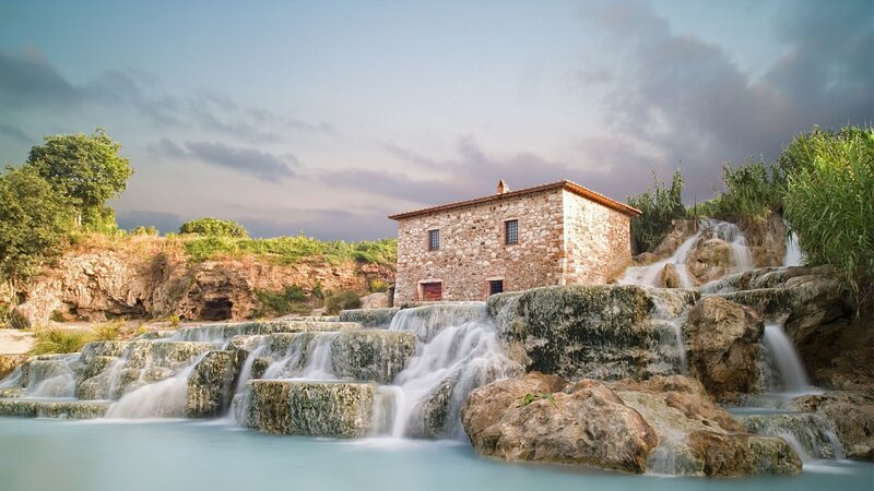 Stone House by Waterfall — Blue, Serene