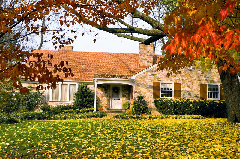 Stone House in Autumn — Green, Serene