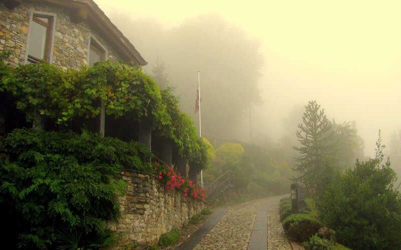 Stone House in Fog — Green, Misty