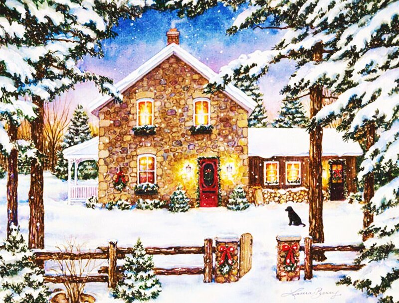 Stone House in Snow — White, Peaceful, Night