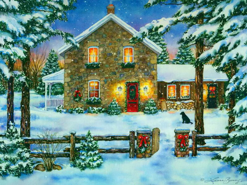 Stone House in Snow — White, Peaceful