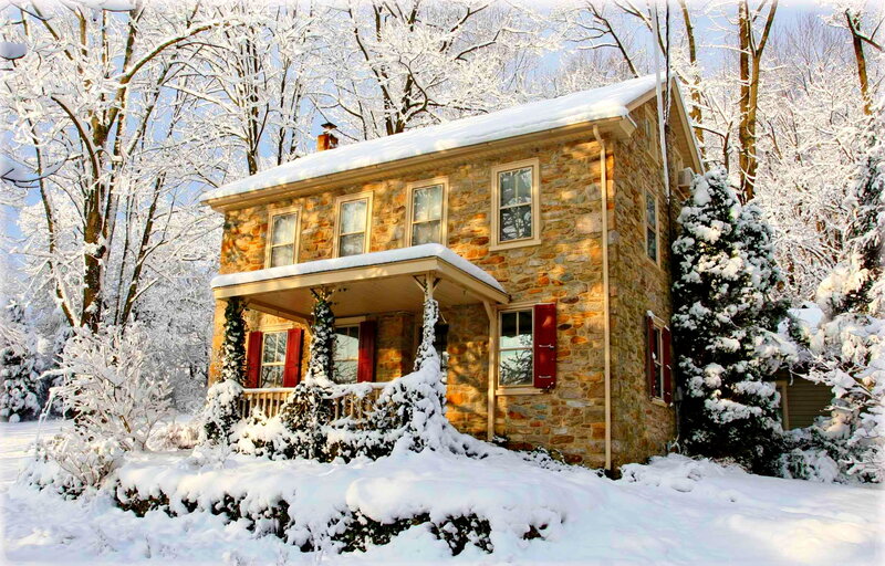 Stone House in Snow — White