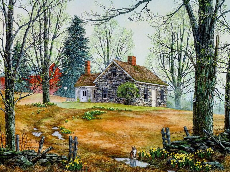 Stone House in Spring — Green