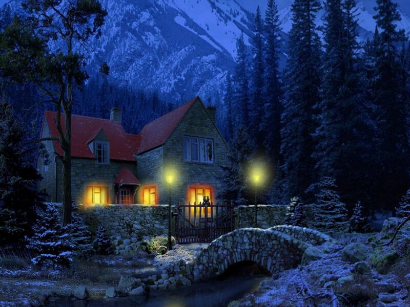 Stone House in Winter — Blue, Serene, Night