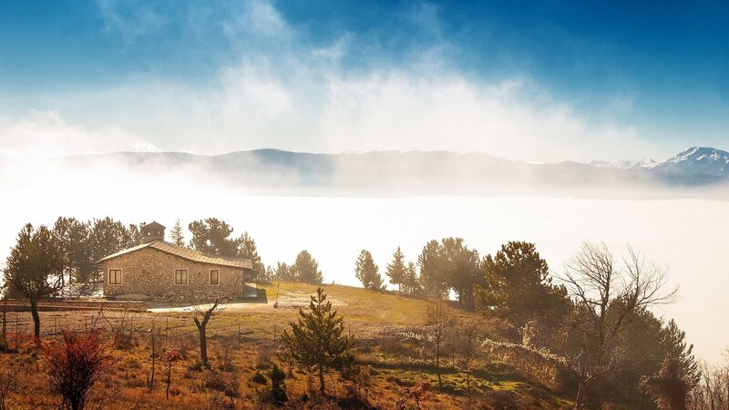 Stone House on Hill — Blue