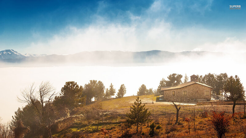 Stone House on Hillside — Blue