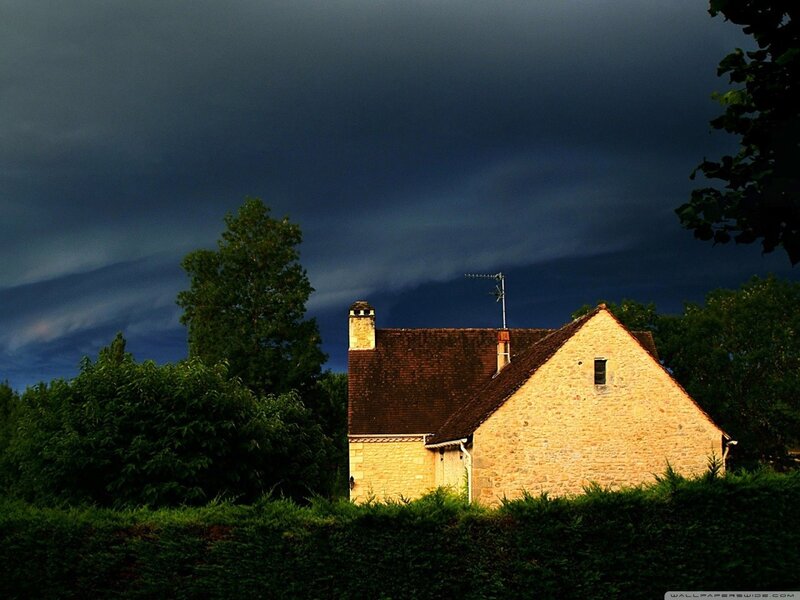 Stone House under Stormy Sky — Dark Blue