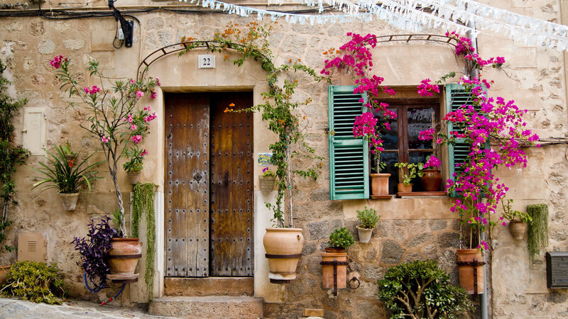 Stone House with Flowers — Beige, Serene