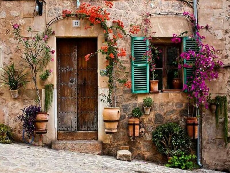 Stone House with Flowers — Brown, Serene, Afternoon, Photograph