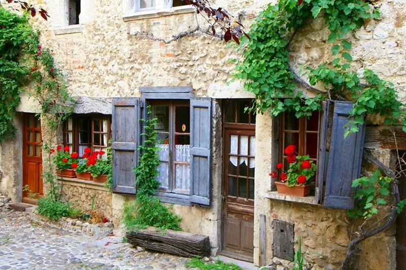 Stone House with Flowers — Green, Peaceful