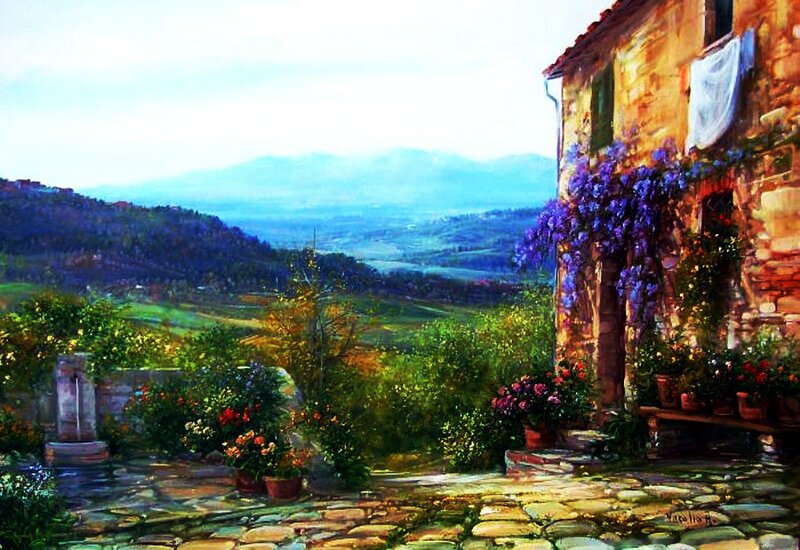 Stone House with Flowers — Green, Serene, Afternoon, Painting