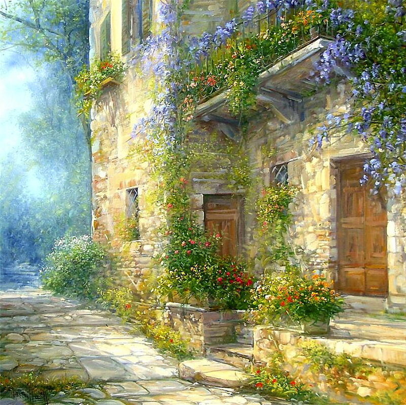 Stone House with Flowers — Green, Serene, Afternoon