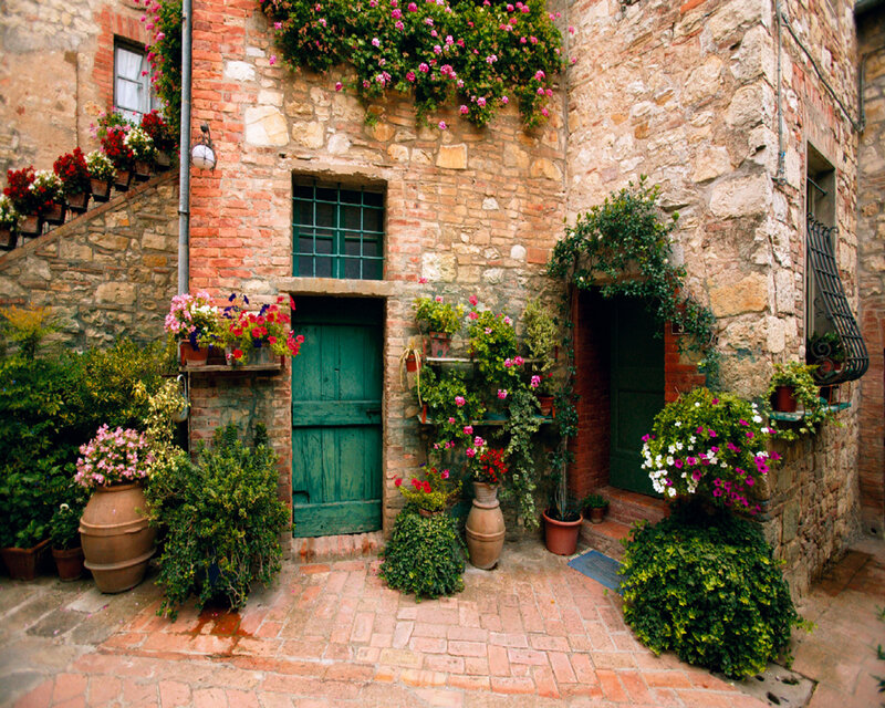 Stone House with Flowers — Green, Serene