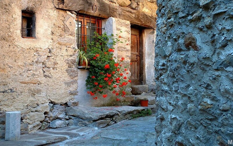 Stone house with flowers in alley