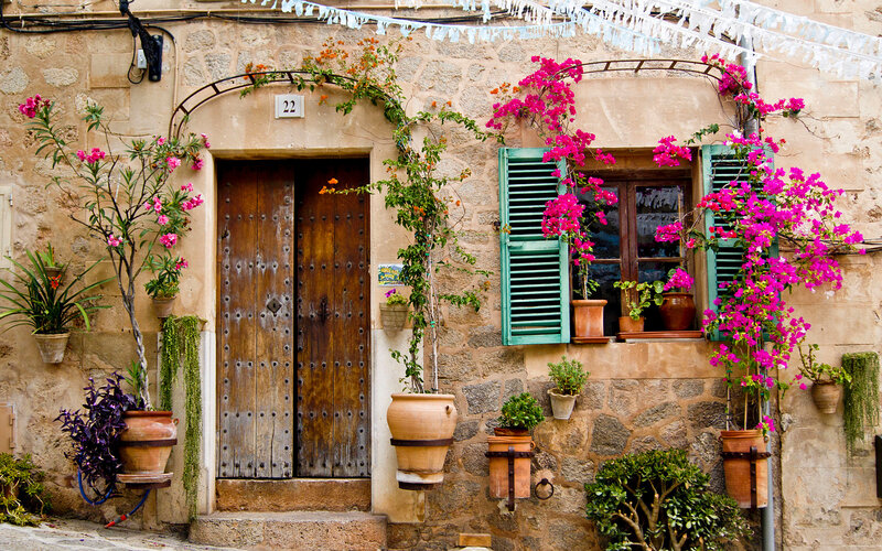Stone House with Flowers — Pink, Vibrant