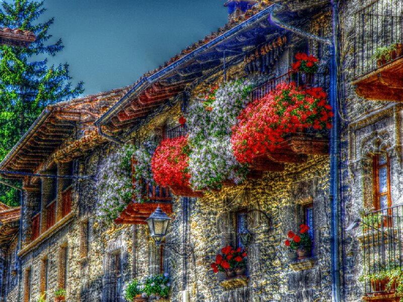 Stone House with Flowers — Red