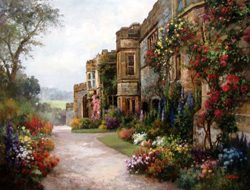 Stone House with Garden — Green, Serene, Afternoon, Painting