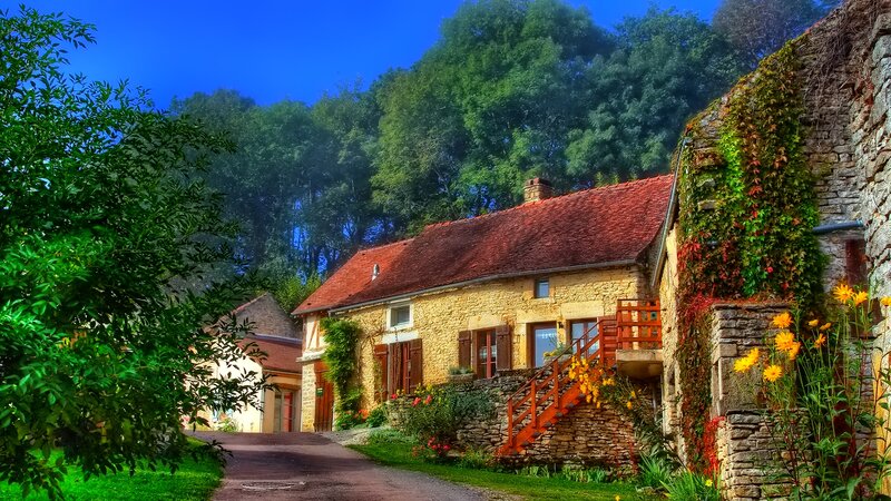 Stone House with Red Roof — Blue