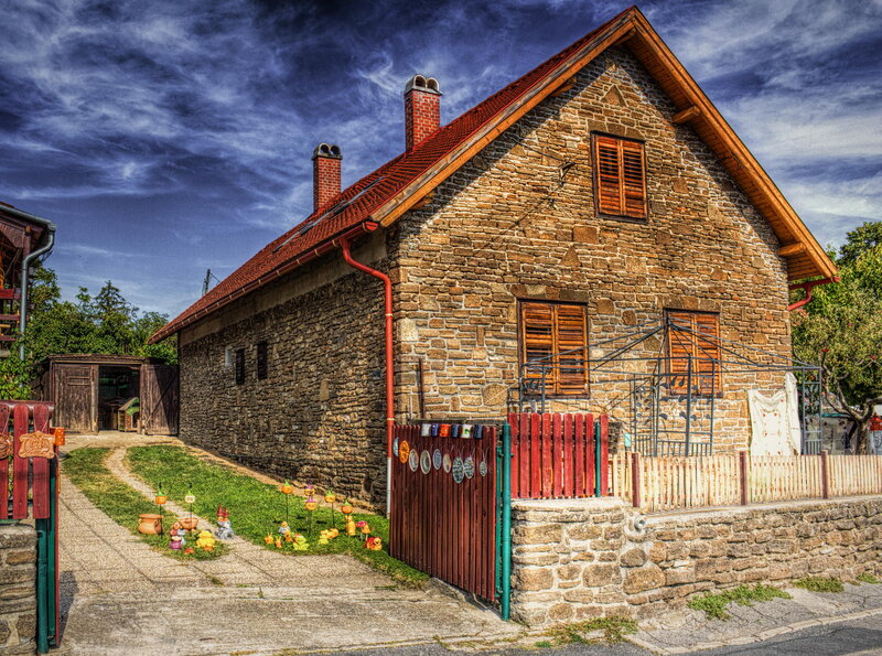 Stone House with Red Roof — Brown