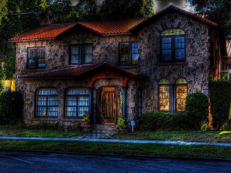 stone house with red roof