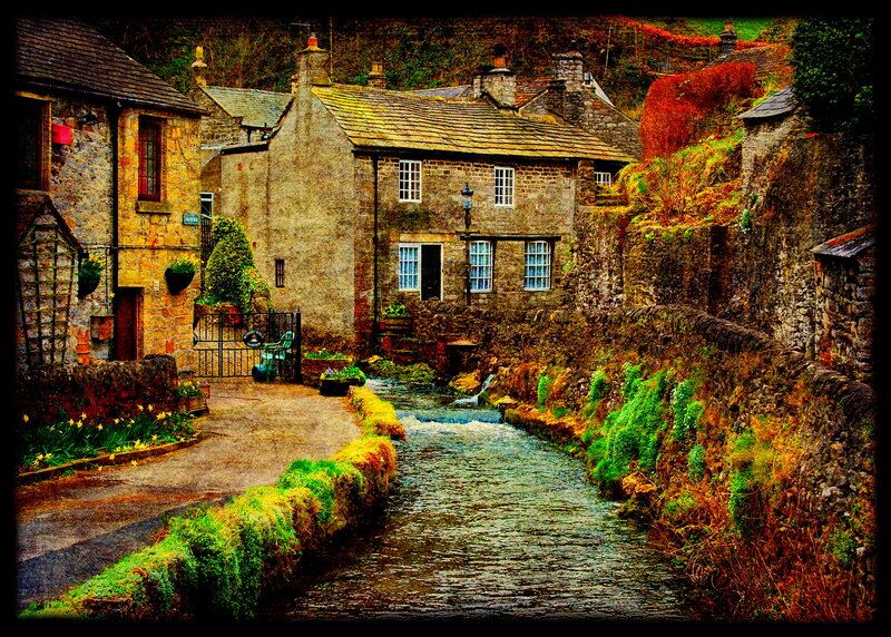 Stone Houses by River — Green, Serene, Autumn