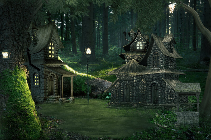 Stone Houses in Forest — Green