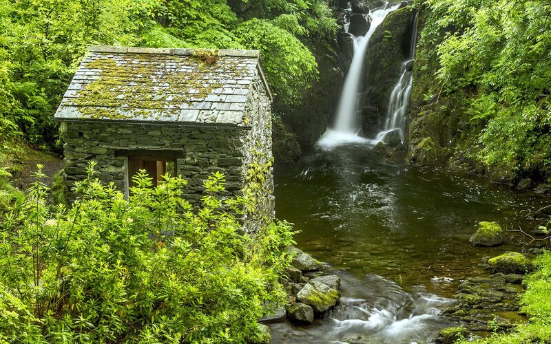 Stone Hut by Waterfall — Green