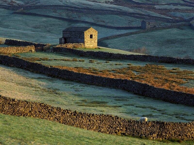 Stone hut in a frosty field