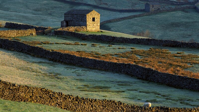 Stone hut in a frosty field